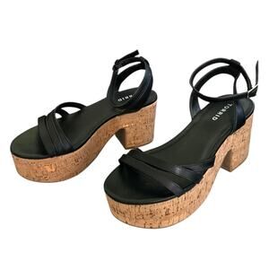 Torrid Cork Platform Black Faux Leather Strappy Sandals Size 7WW
